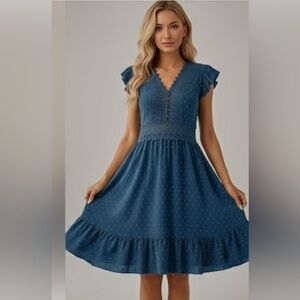 Lace A-Line Dot Ruffle Hem Dress Blue
